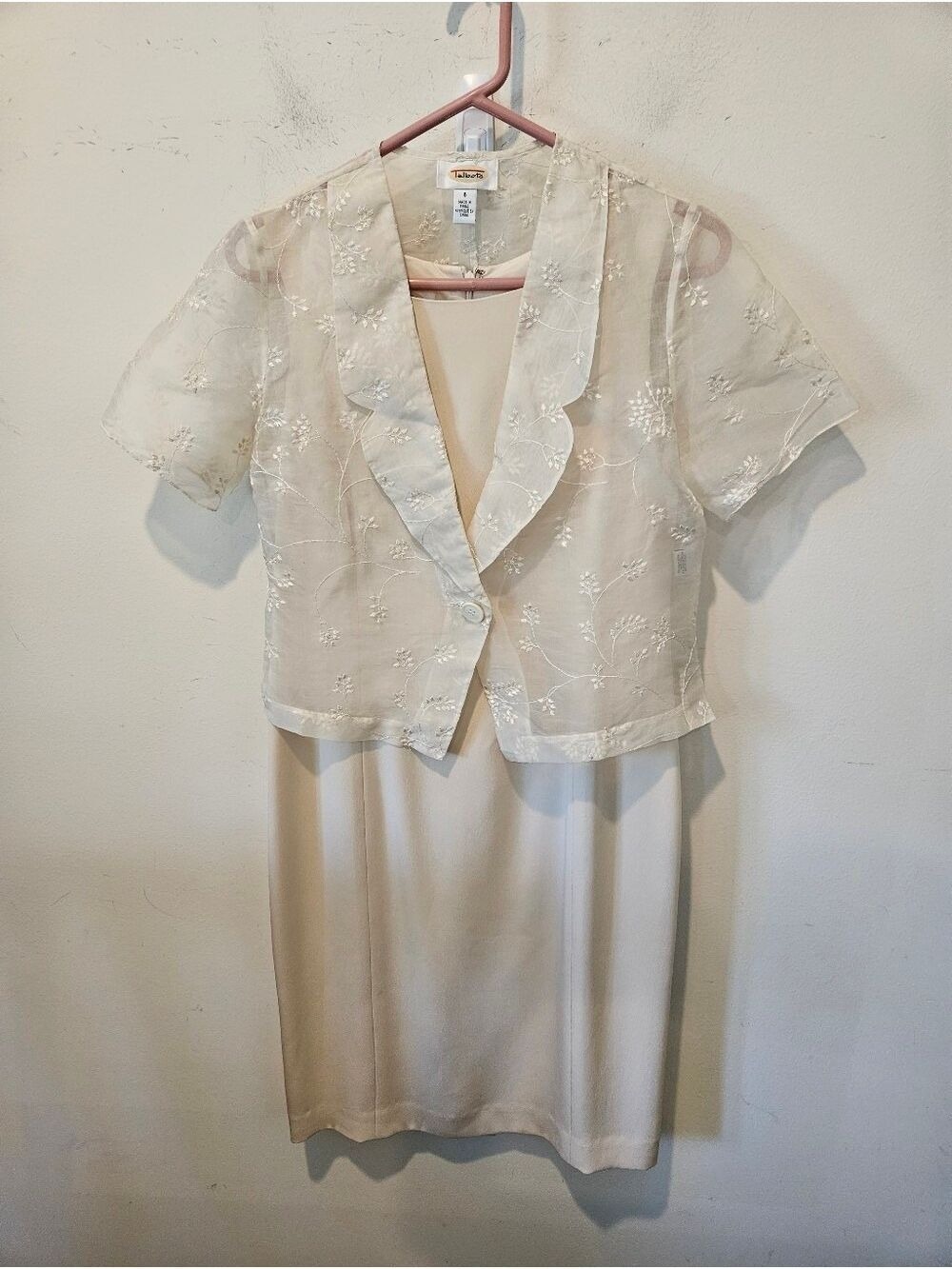 Women's Talbots Silk Cream Sheath Dress with Embroidered SheerJacket Set Size 6